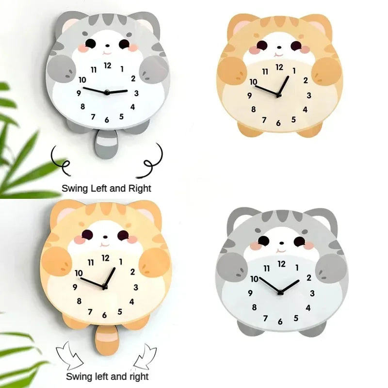 Rocking Cute Cat Wall Clock Living Room Decoration Simple Fashion Wall Clock Mute Punch Free Cartoon Wall Clock
