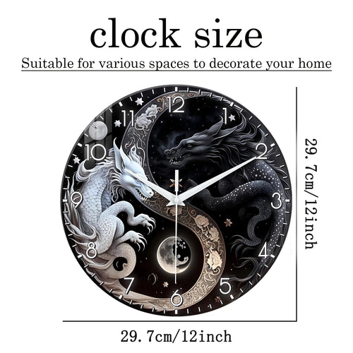 1pc glass wall clock, Oriental mythology black and white dragon design wall clock, home mute clock, decorate the living room