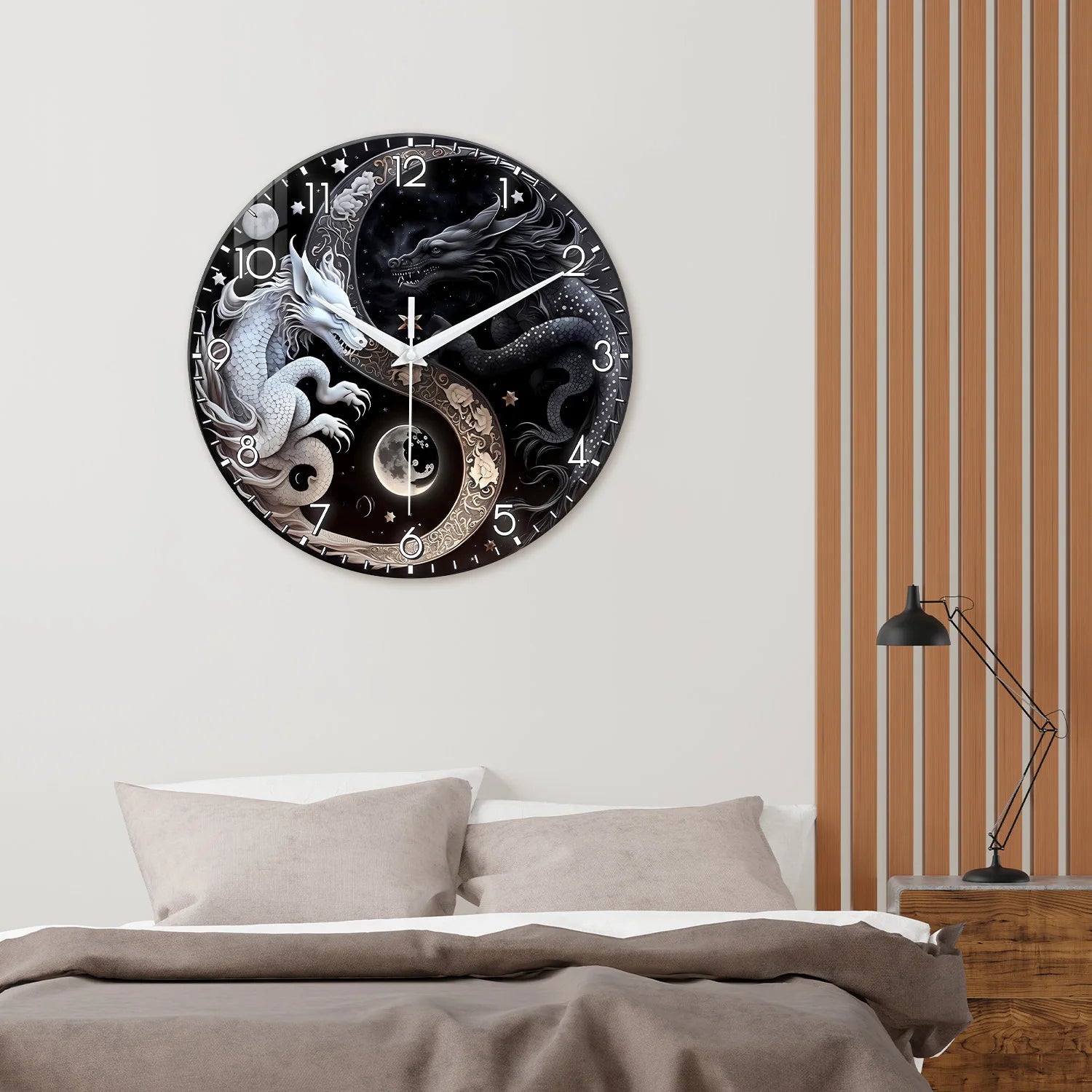 1pc glass wall clock, Oriental mythology black and white dragon design wall clock, home mute clock, decorate the living room