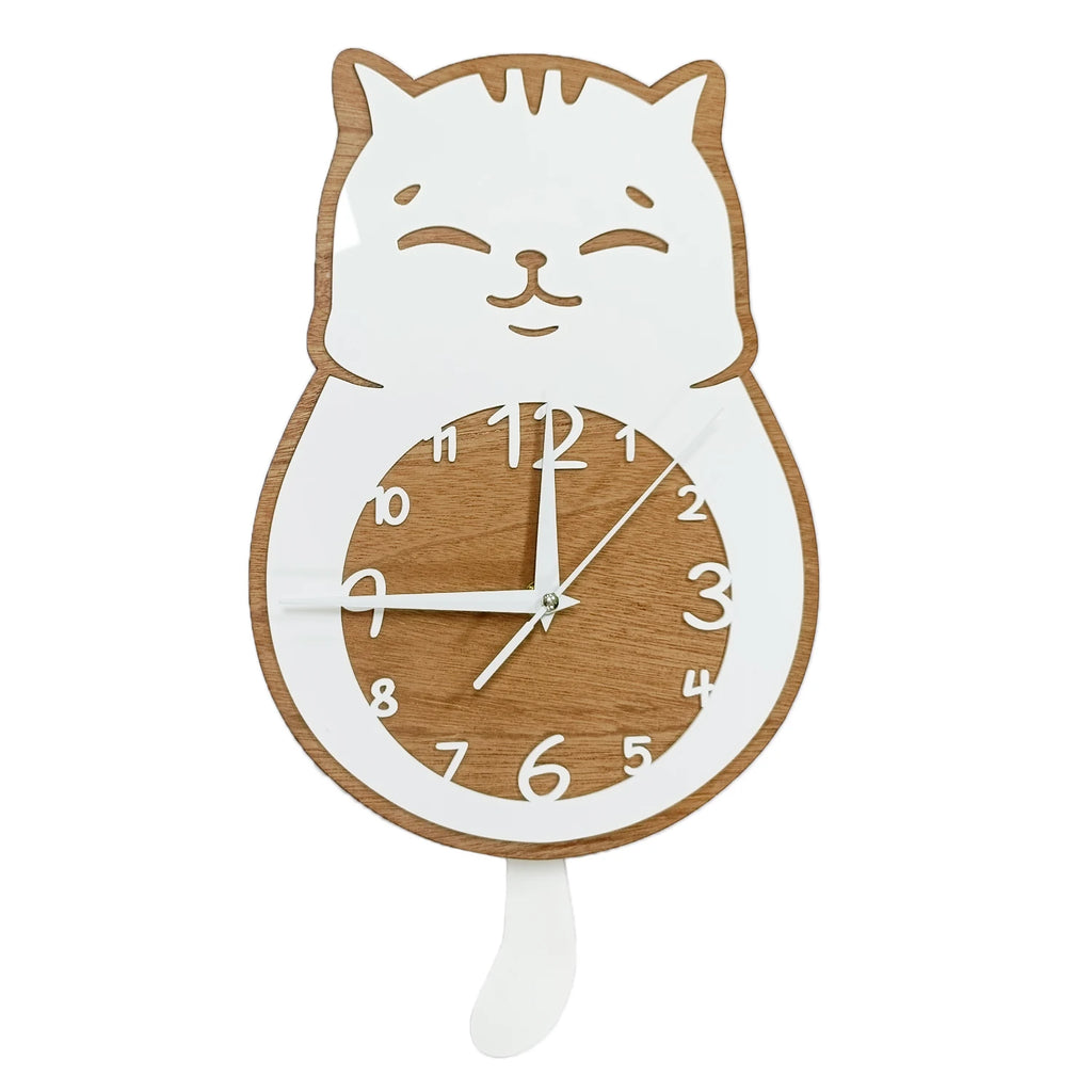 Waving White Cat Tail Wooden Pendulum Wall Clock for Kitty Pet Shop Cat Swinging Wall Clock Kitten Home Decor Cat Lovers Gift
